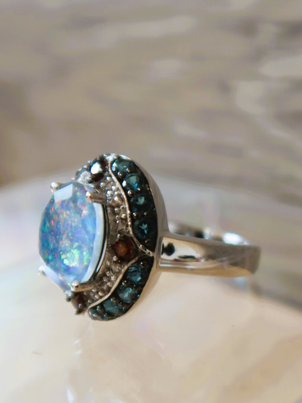 SG 925 Chunky Teal Opal Rainbow Halo Ring China Made Small Size 4.75 Multi Color